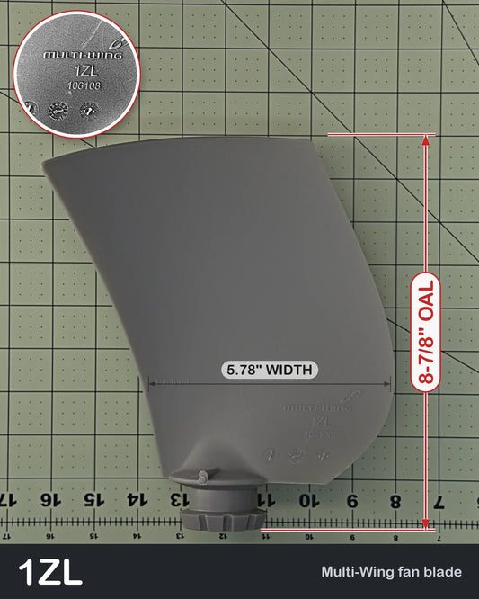 Multiwing 1ZL left-hand fan blade, uncut, gray PAG, with blade length and width shown