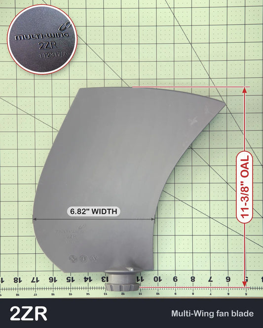 Multiwing 2ZR right-hand fan blade, uncut, gray PAG, with blade length and width shown