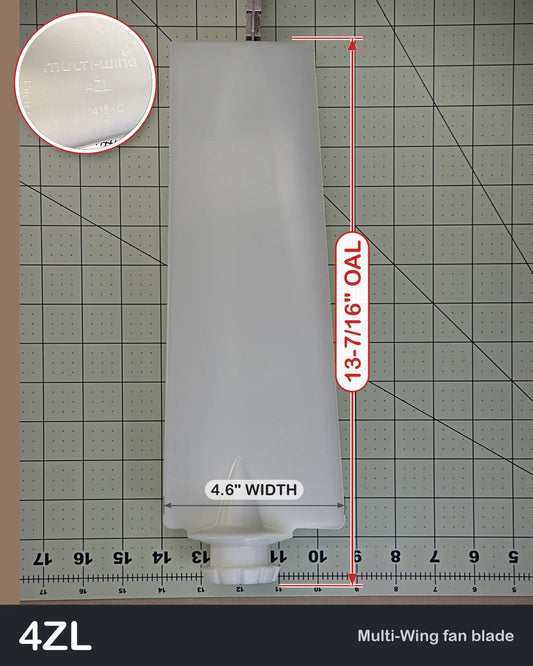 Multiwing 4ZL left-hand fan blade, uncut, PAG, with pitch pin, blade length and width shown