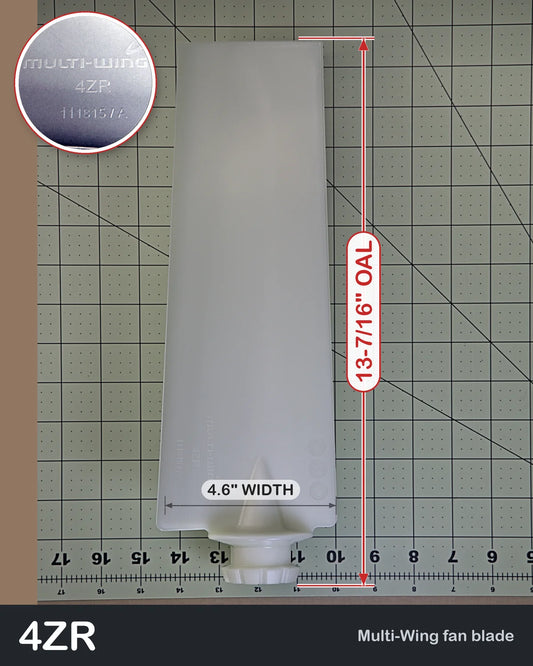 Multiwing 4ZR right-hand fan blade, uncut, PAG, with pitch pin, blade length and width shown