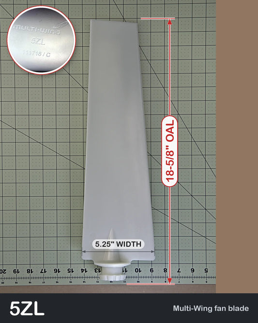 Multiwing 5ZL left-hand fan blade, uncut, PAG, with pitch pin, blade length and width shown