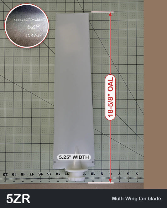 Multiwing 5ZR right-hand fan blade, uncut, PAG, with pitch pin, blade length and width shown