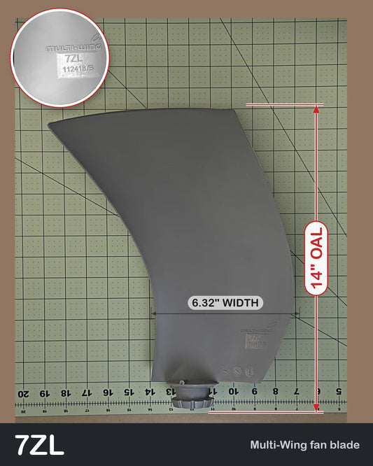 Multiwing 7ZL left-hand fan blade, uncut, PAG, with blade length and width shown