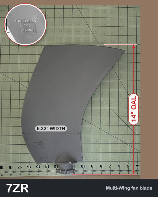 Multiwing 7ZR right-hand fan blade, uncut, PAG, with blade length and width shown