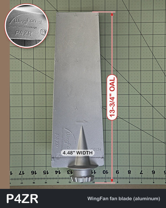 Wing Fan P4ZR aluminum right-hand fan blade, uncut, with pitch pin, blade length and width shown